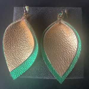 Green and Gold Leaf Shape Leather Earrings